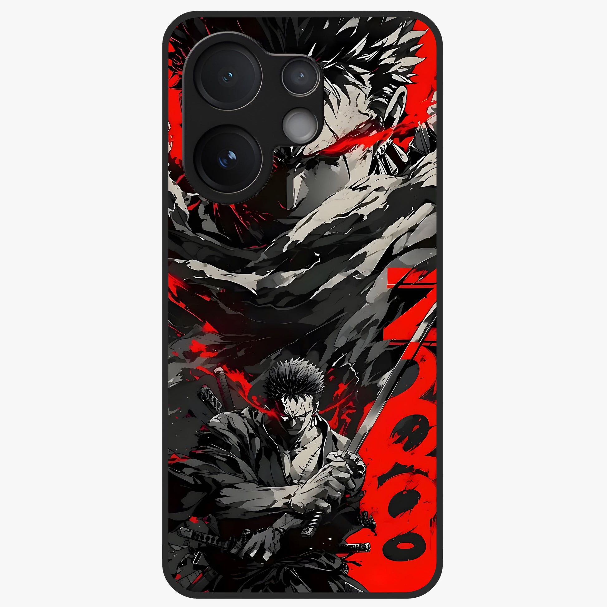 Demon Sword Resolve Glass Case showing flat back view with fierce sword warrior artwork and glossy glass finish.