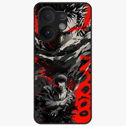 Demon Sword Resolve Glass Case showing flat back view with fierce sword warrior artwork and glossy glass finish.