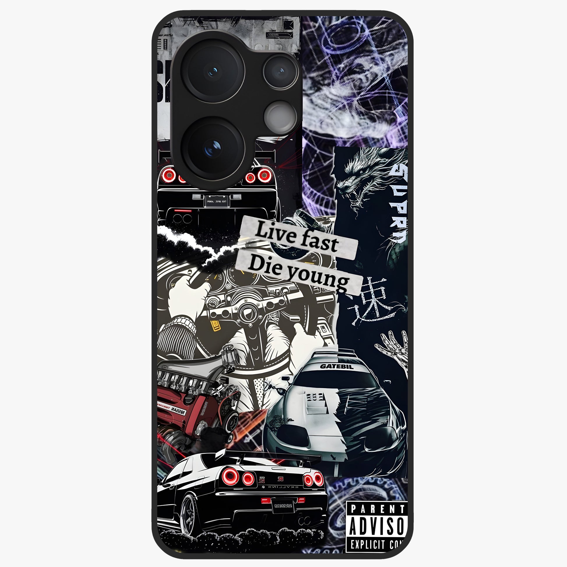 Die Young Glass Case showing flat back view with bold artistic typography design and glossy glass finish.