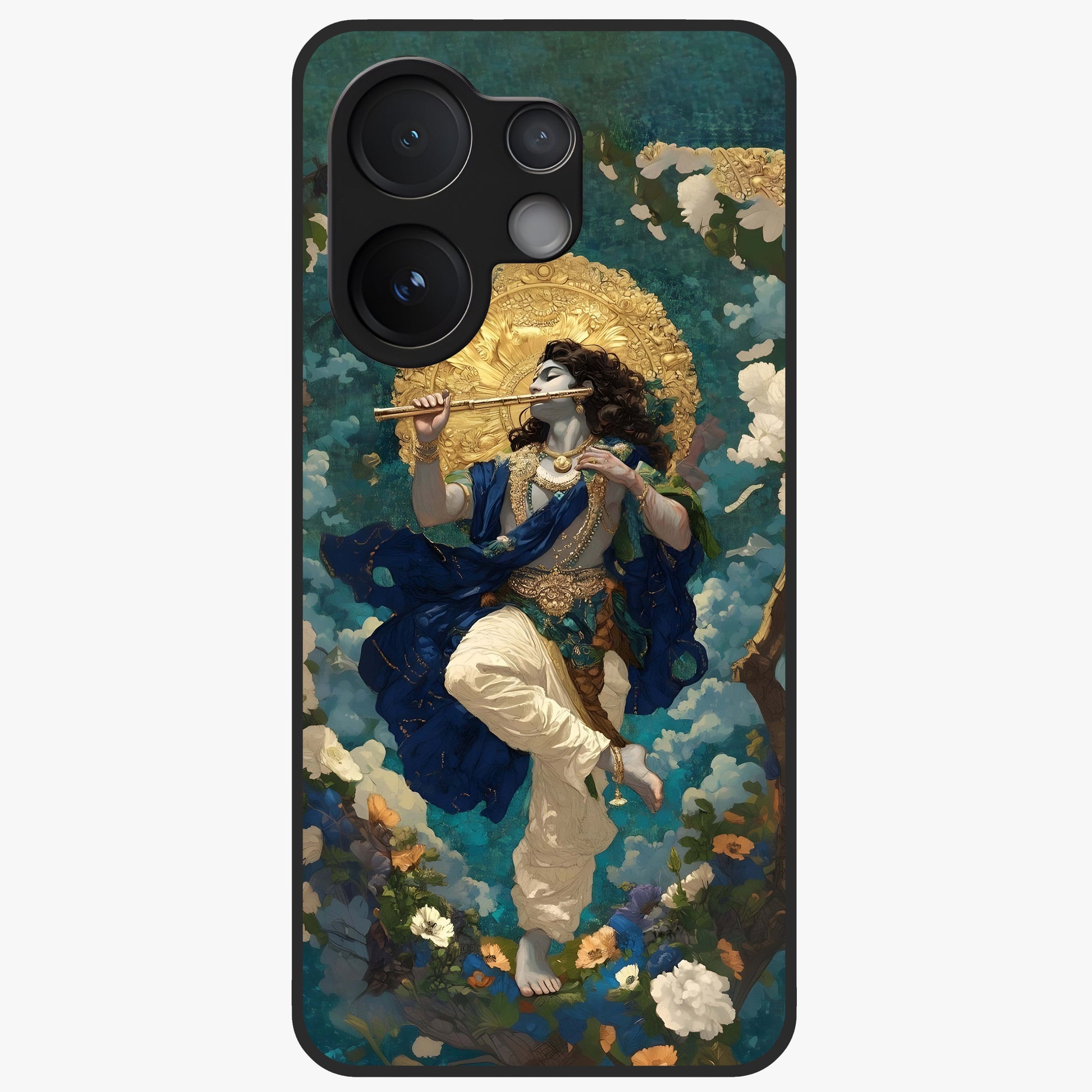 Divine Krishna Art Glass Case showing flat back view with Lord Krishna artwork and glossy glass finish.