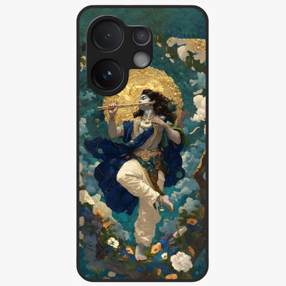 Divine Krishna Art Glass Case showing flat back view with Lord Krishna artwork and glossy glass finish.