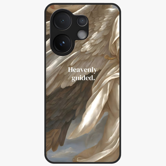 Divine Winged Grace Glass Case showing flat back view with elegant wing inspired artwork and glossy glass finish.