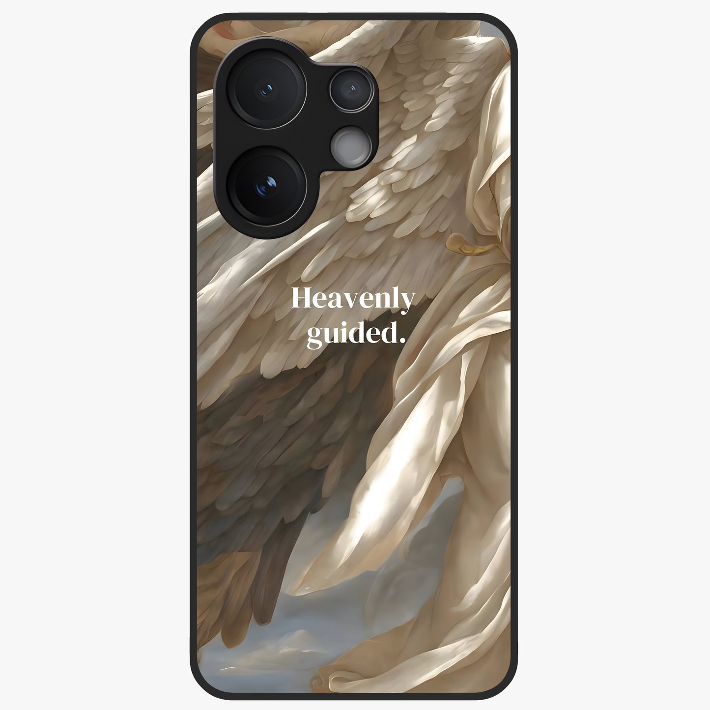 Divine Winged Grace Glass Case showing flat back view with elegant wing inspired artwork and glossy glass finish.