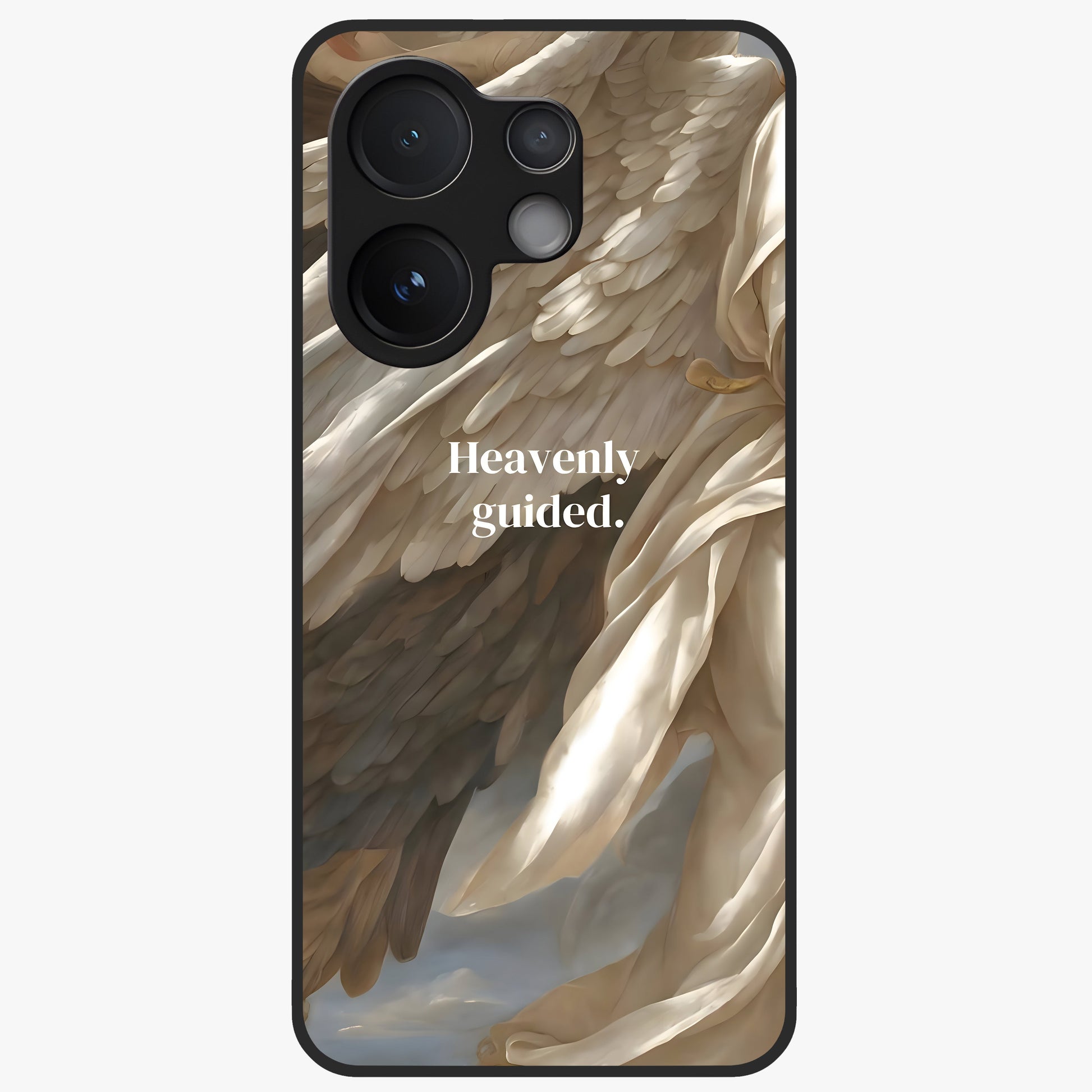 Divine Winged Grace Glass Case showing flat back view with elegant wing inspired artwork and glossy glass finish.