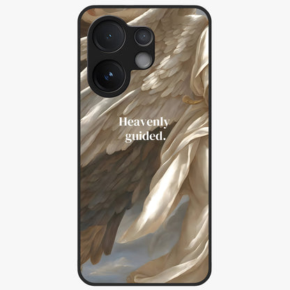 Divine Winged Grace Glass Case showing flat back view with elegant wing inspired artwork and glossy glass finish.