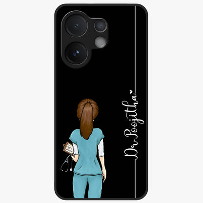 Doctor Pattern Custom Name Glass Case showing flat back view with medical themed pattern and personalized name design.