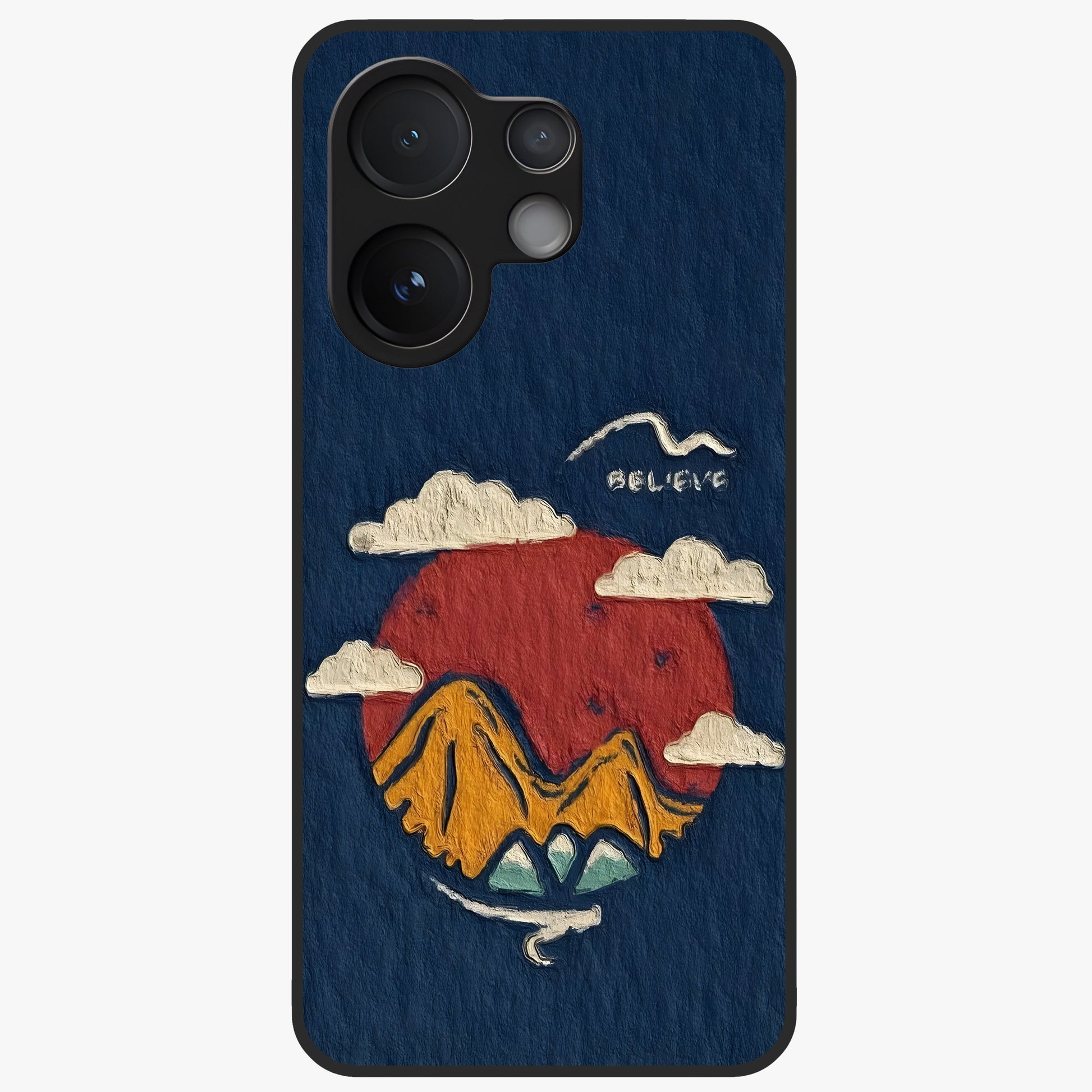 Dream Beyond Mountains Glass Case showing flat back view with scenic mountain landscape artwork and glossy glass finish.