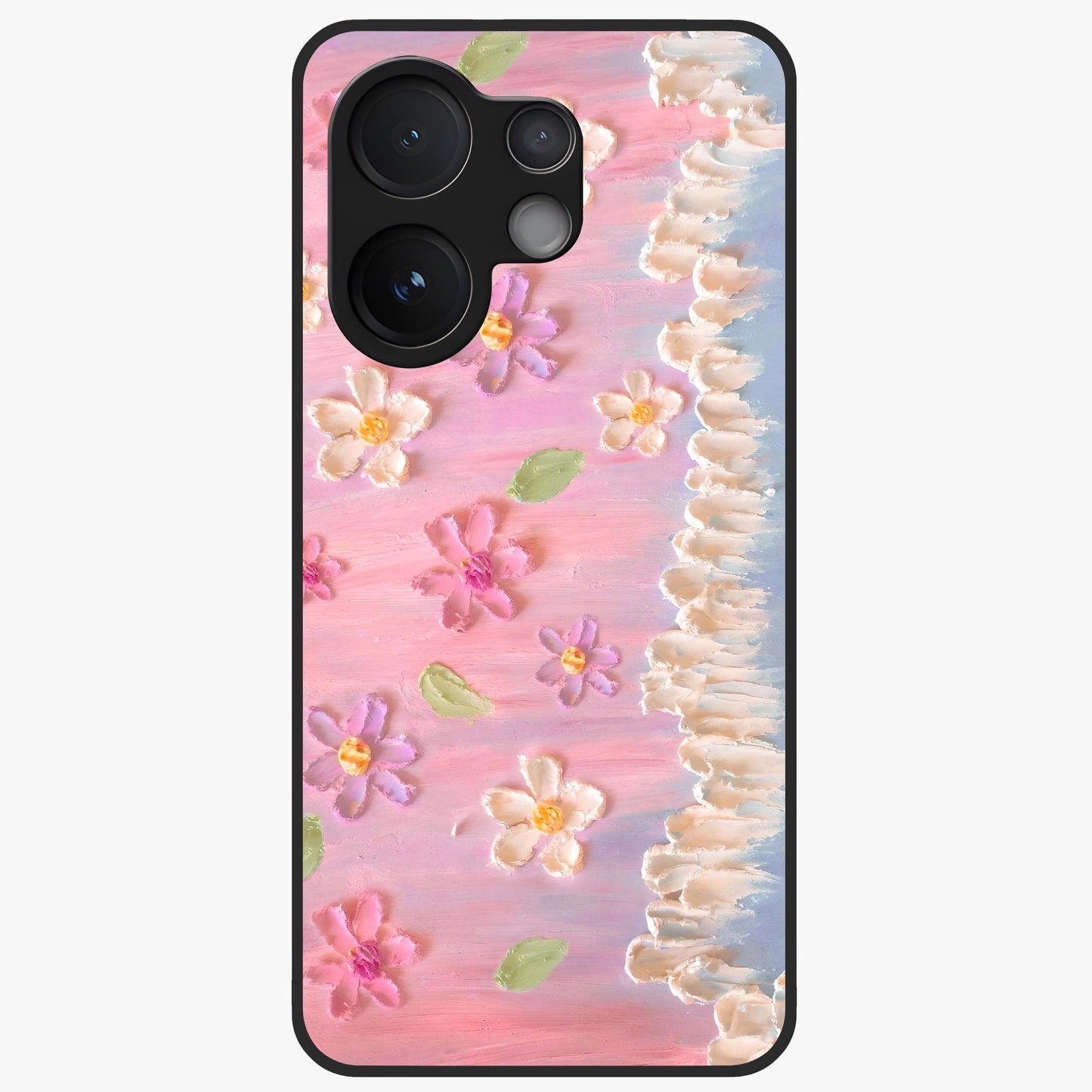 Dreamy Painted Garden Glass Case showing flat back view with artistic painted floral garden artwork and glossy glass finish.