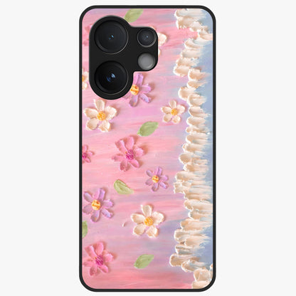 Dreamy Painted Garden Glass Case showing flat back view with artistic painted floral garden artwork and glossy glass finish.