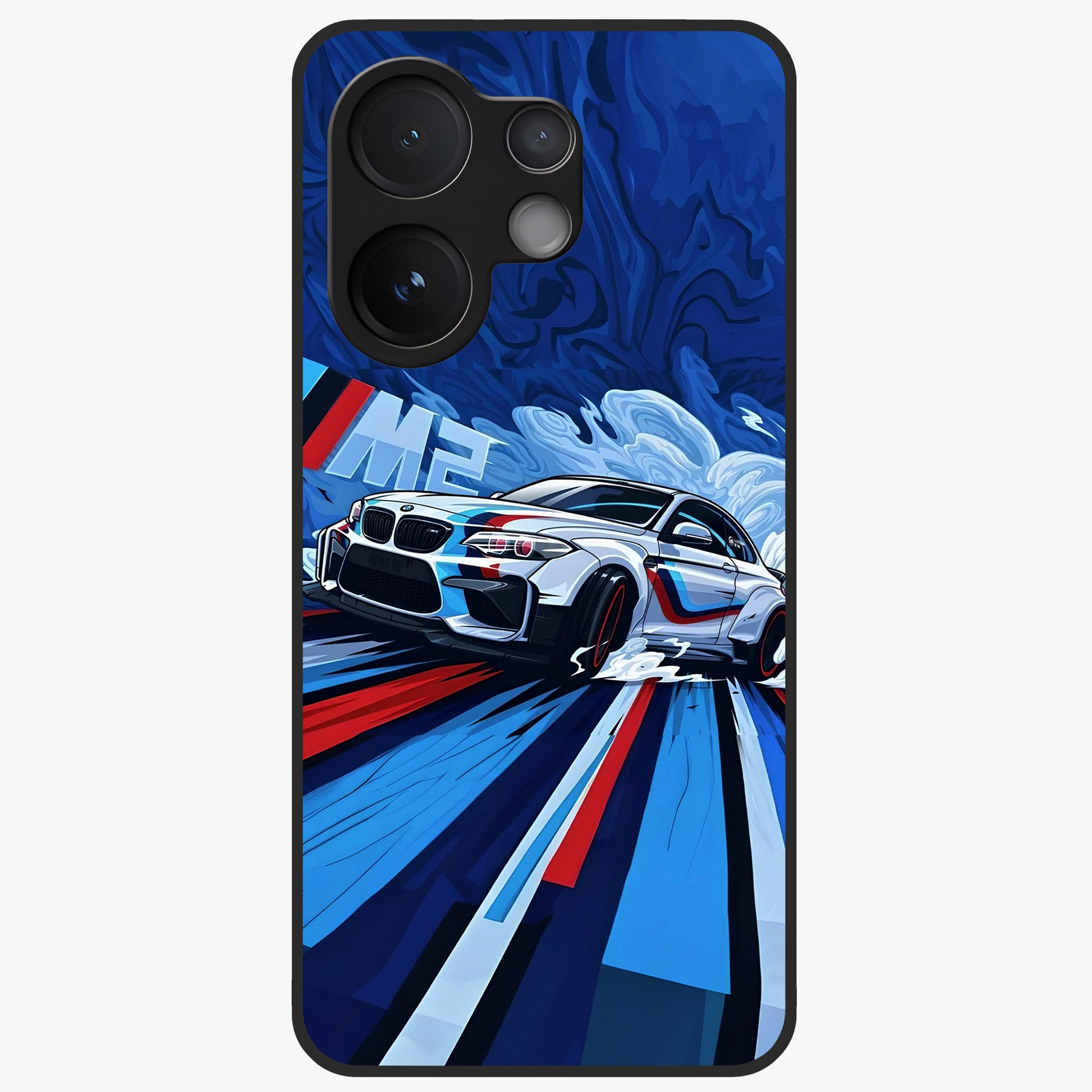 Drift Power Rush Glass Case showing flat back view with dynamic racing inspired artwork and glossy glass finish.