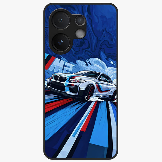 Drift Power Rush Glass Case showing flat back view with dynamic racing inspired artwork and glossy glass finish.