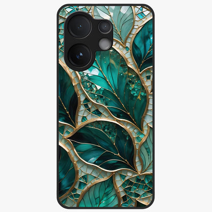 Emerald Leaf Glass Glass Case showing flat back view with emerald green leaf artwork and glossy glass finish.