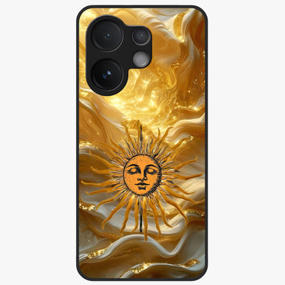 Eternal Golden Glow Glass Case showing flat back view with radiant golden themed artwork and glossy glass finish.