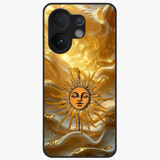 Eternal Golden Glow Glass Case showing flat back view with radiant golden themed artwork and glossy glass finish.