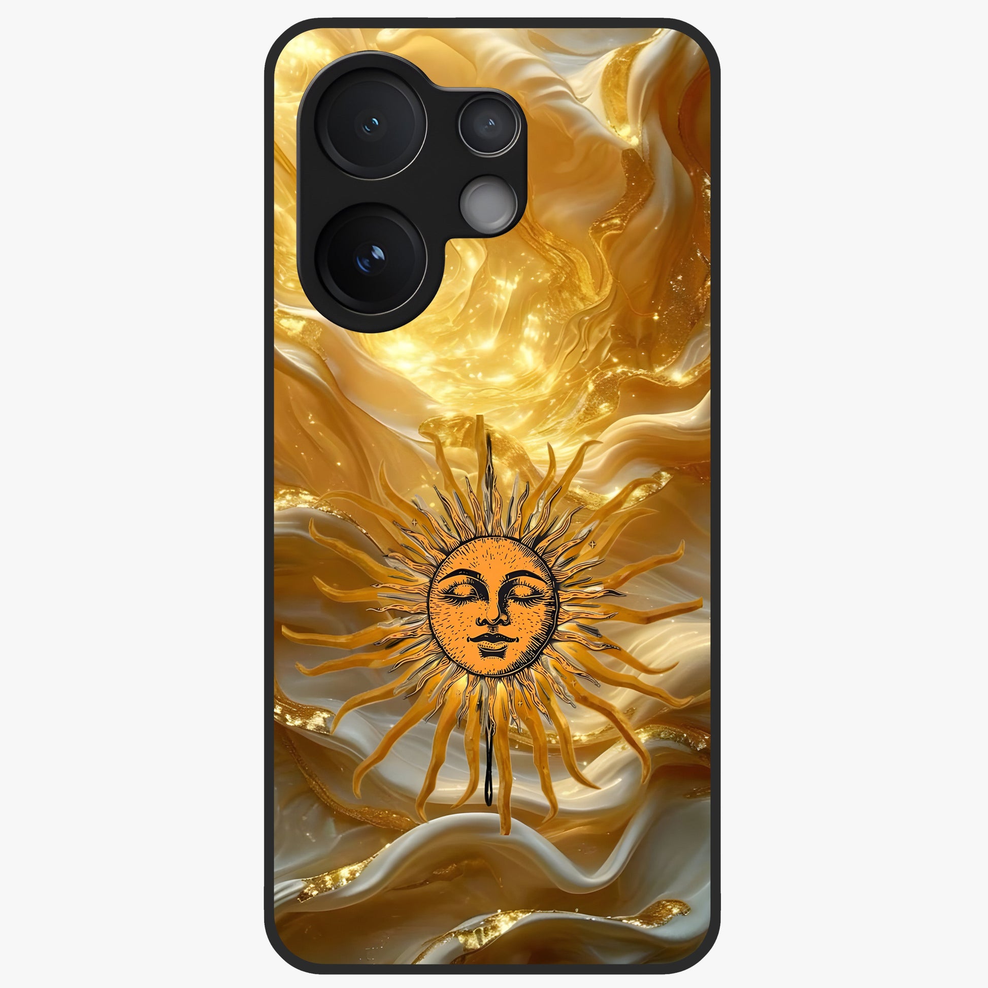 Eternal Golden Glow Glass Case showing flat back view with radiant golden themed artwork and glossy glass finish.