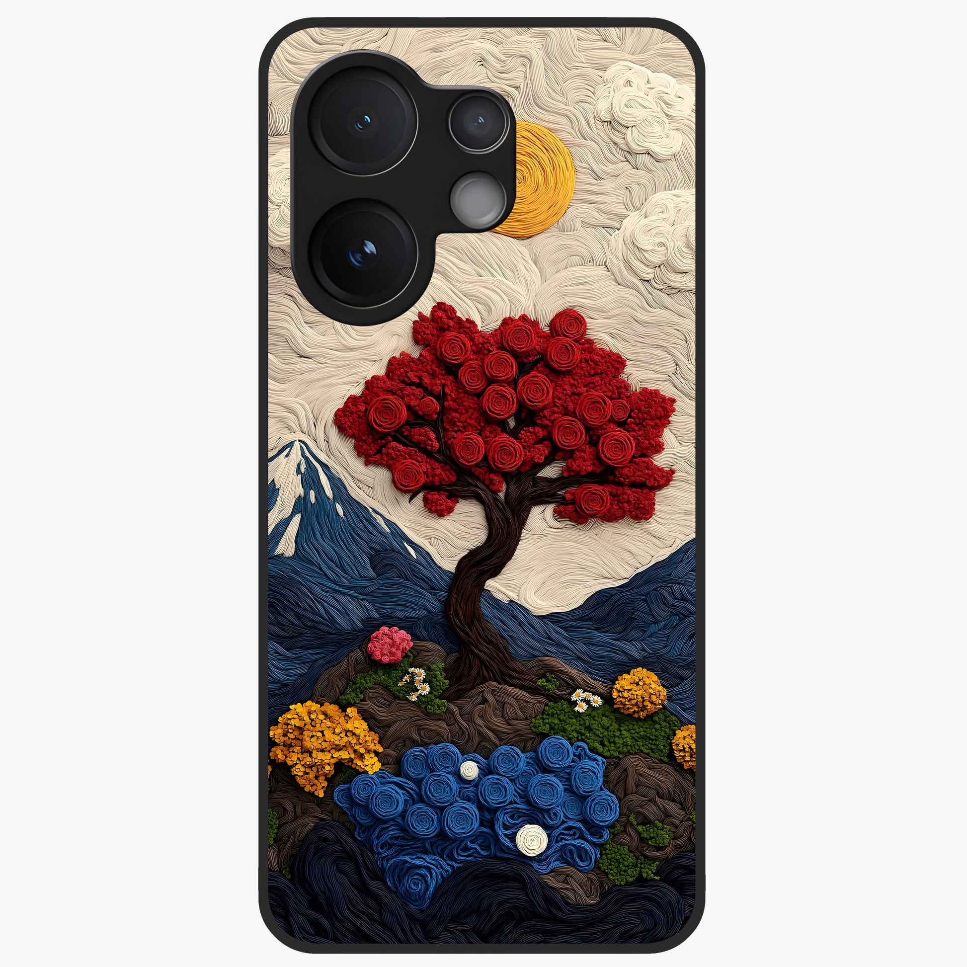 Eternal Nature Tapestry Glass Case showing flat back view with intricate nature tapestry artwork and glossy glass finish.