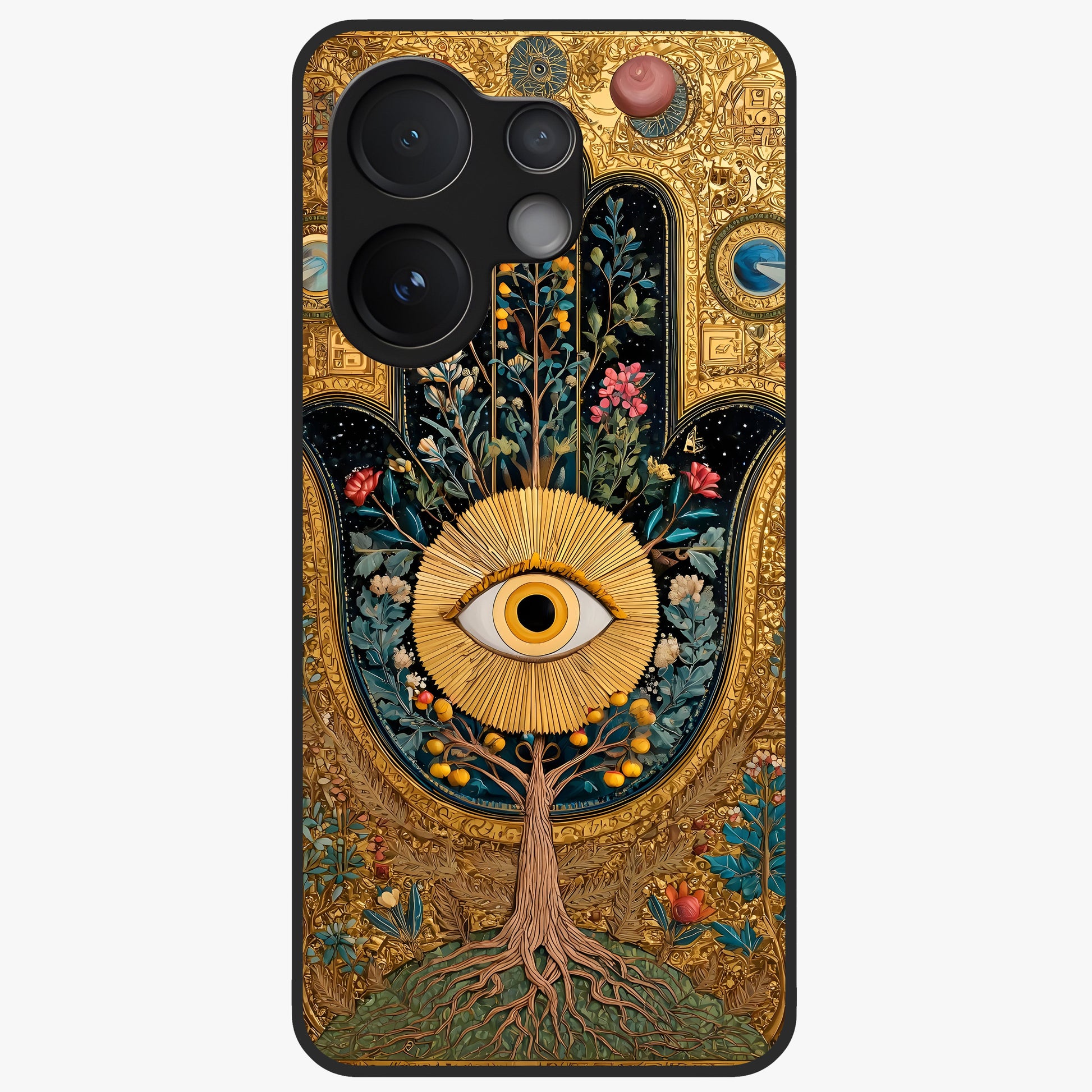 Ethereal Evil Eye Glass Case showing flat back view with mystical evil eye artwork and glossy glass finish.