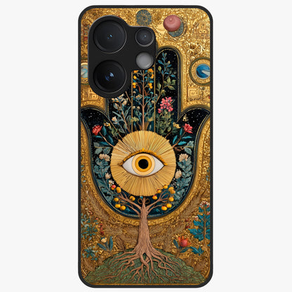 Ethereal Evil Eye Glass Case showing flat back view with mystical evil eye artwork and glossy glass finish.