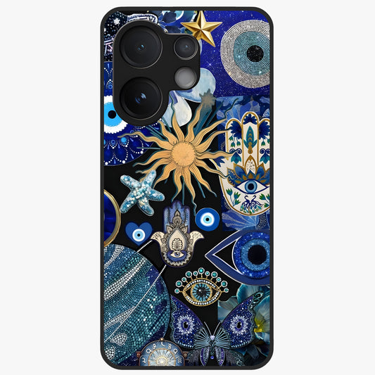 Evil Eye Charm Mix Glass Case showing flat back view with multiple evil eye charms artwork and glossy glass finish.