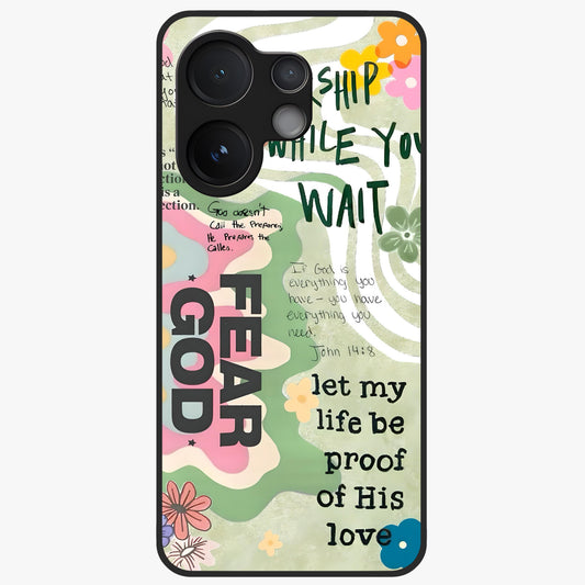 Faith Over Fear Glass Case showing flat back view with motivational typography artwork and glossy glass finish.