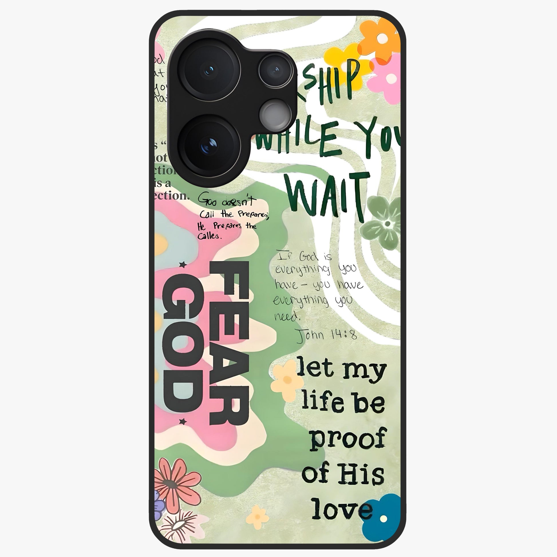 Faith Over Fear Glass Case showing flat back view with motivational typography artwork and glossy glass finish.