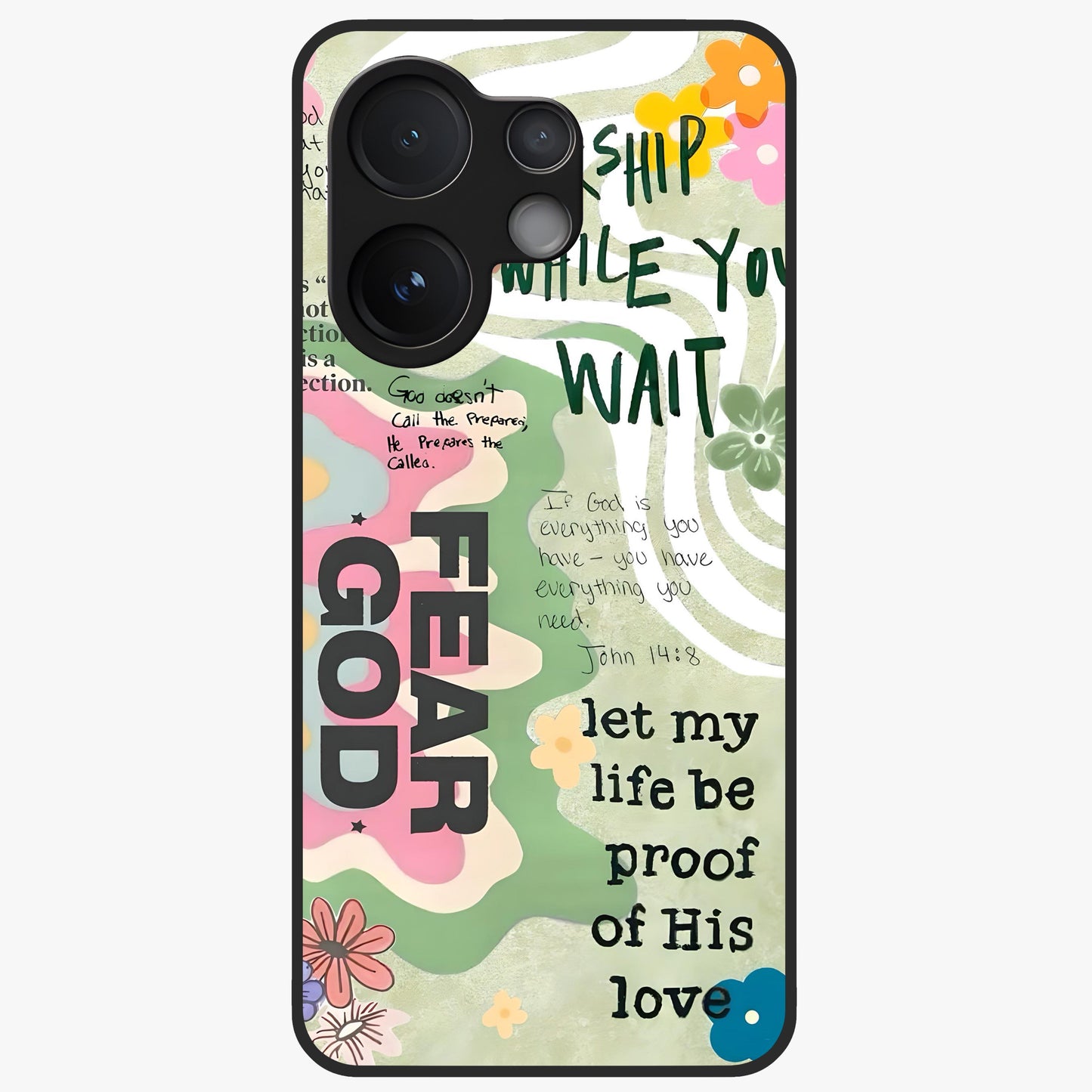 Faith Over Fear Glass Case showing flat back view with motivational typography artwork and glossy glass finish.