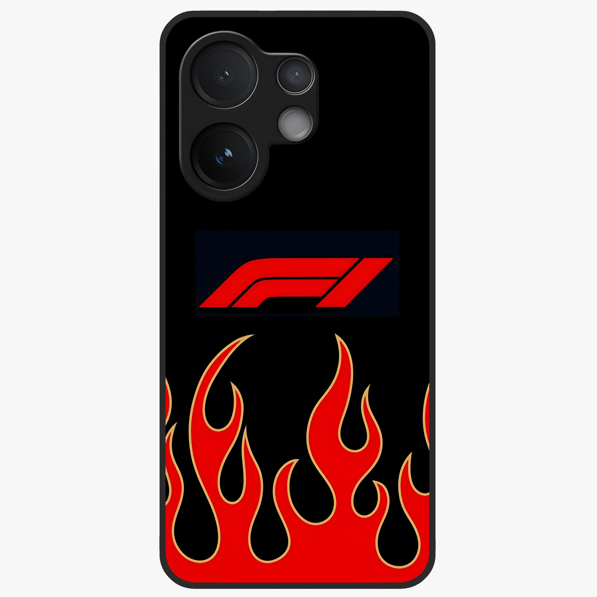 Fire F11 Glass Case showing flat back view with fiery themed artwork and glossy glass finish.