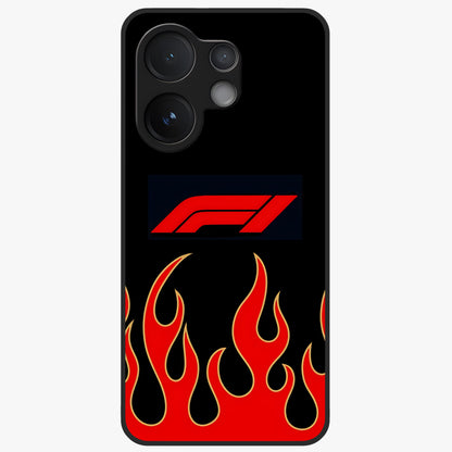 Fire F11 Glass Case showing flat back view with fiery themed artwork and glossy glass finish.