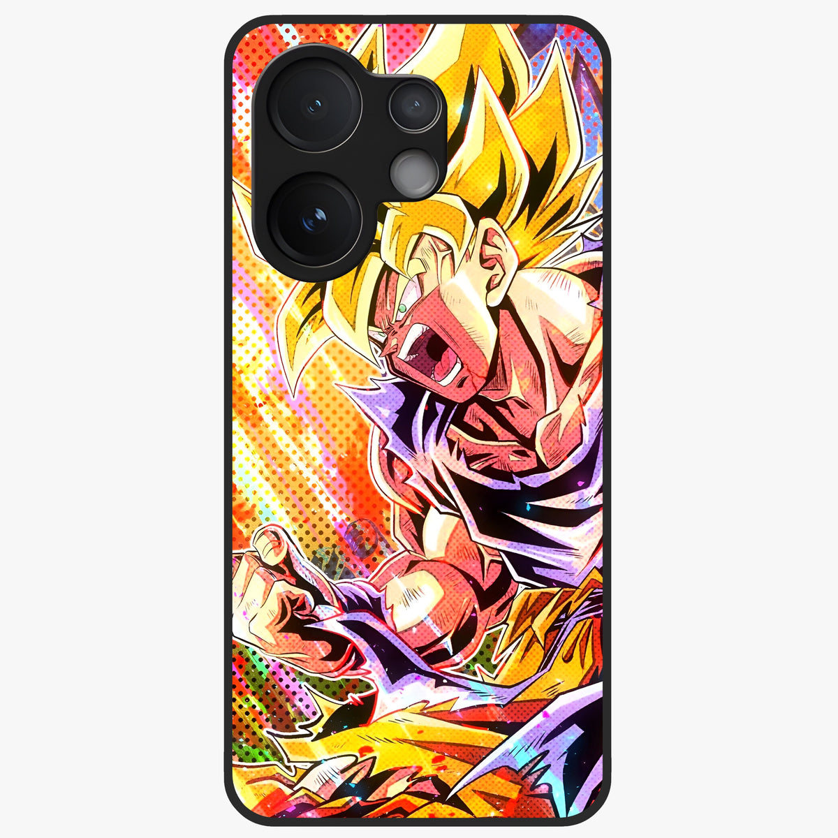 Firing Goku Glass Case showing flat back view with powerful anime inspired artwork and glossy glass finish.
