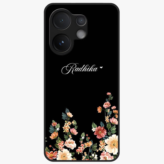 Floral Design With a Custom Personalized Name Glass Case showing flat back view with floral artwork and personalized name design.
