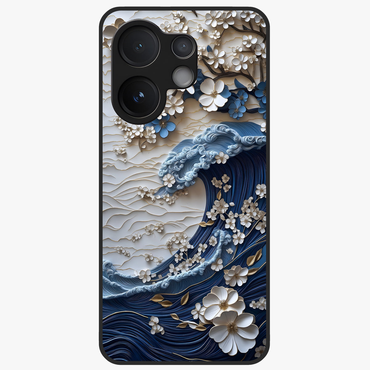 Floral Wave Origami Glass Case showing flat back view with origami inspired floral wave artwork and glossy glass finish.