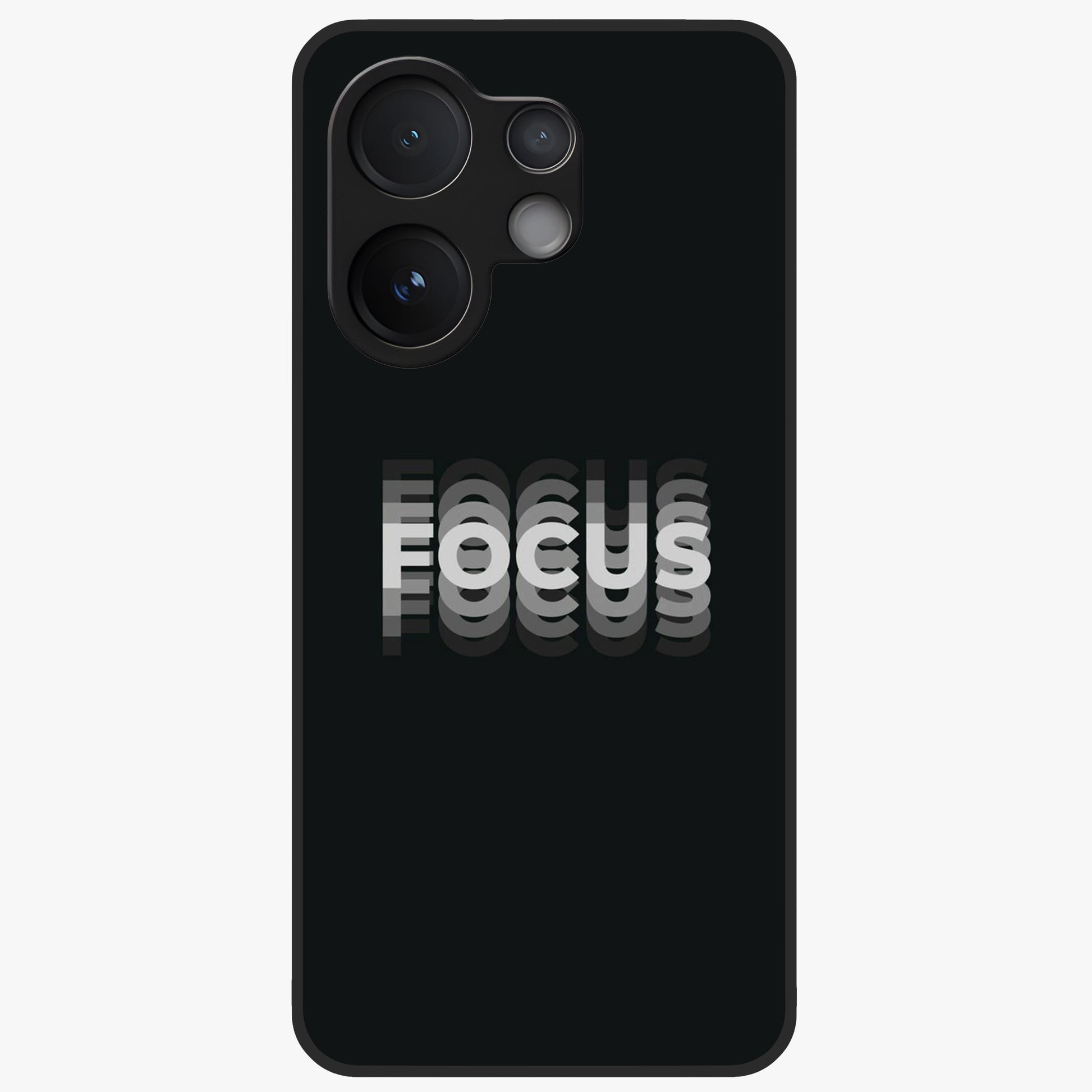 Focus Mode On Glass Case showing flat back view with bold motivational typography design and glossy glass finish.