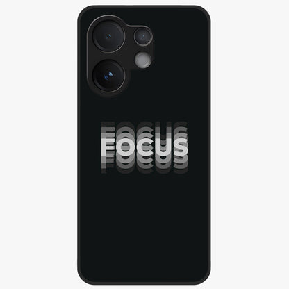 Focus Mode On Glass Case showing flat back view with bold motivational typography design and glossy glass finish.