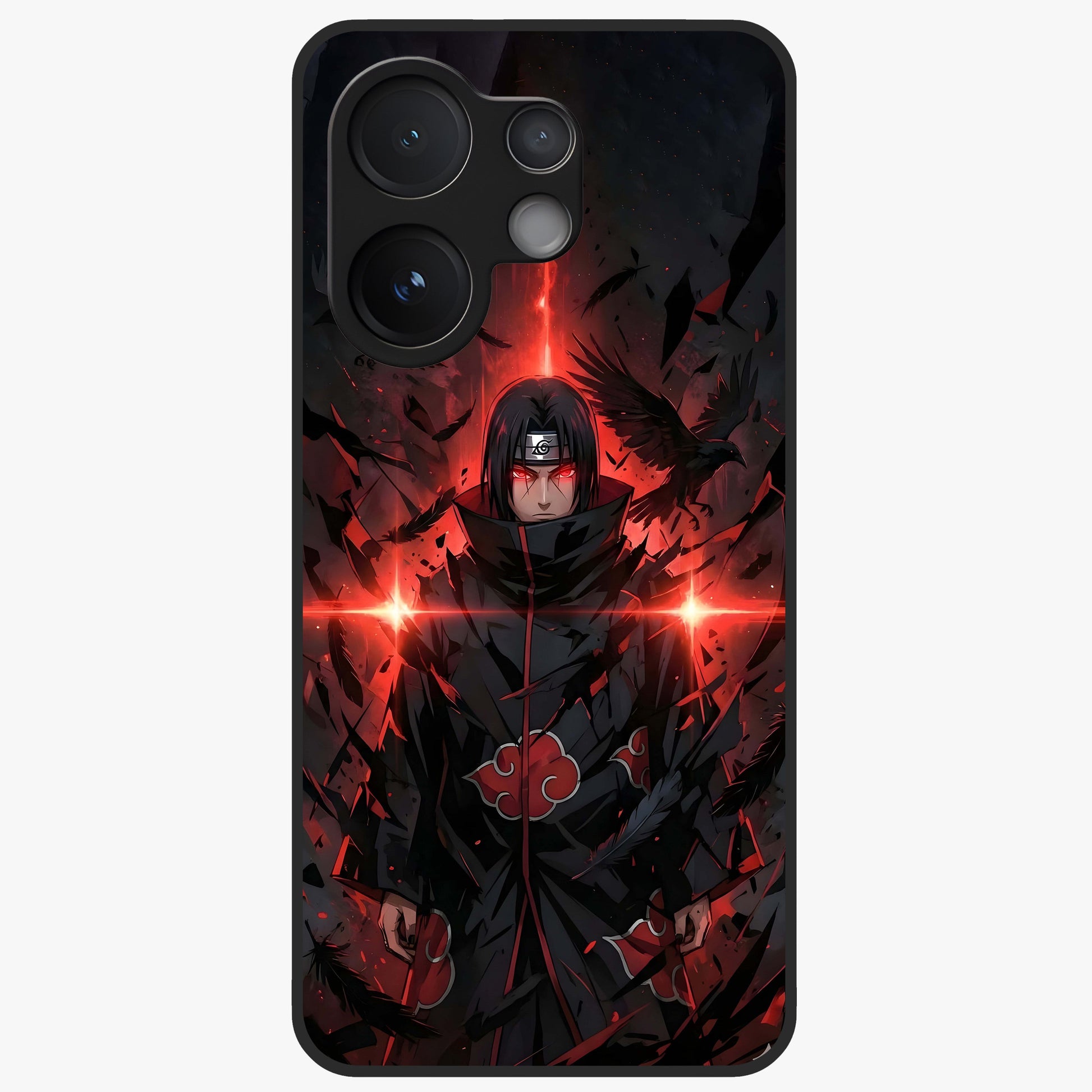Focused Blade Discipline Glass Case showing flat back view with warrior sword themed artwork and glossy glass finish.