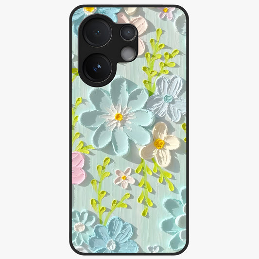 Frosted Petal Garden Glass Case showing flat back view with soft frosted floral artwork and glossy glass finish.