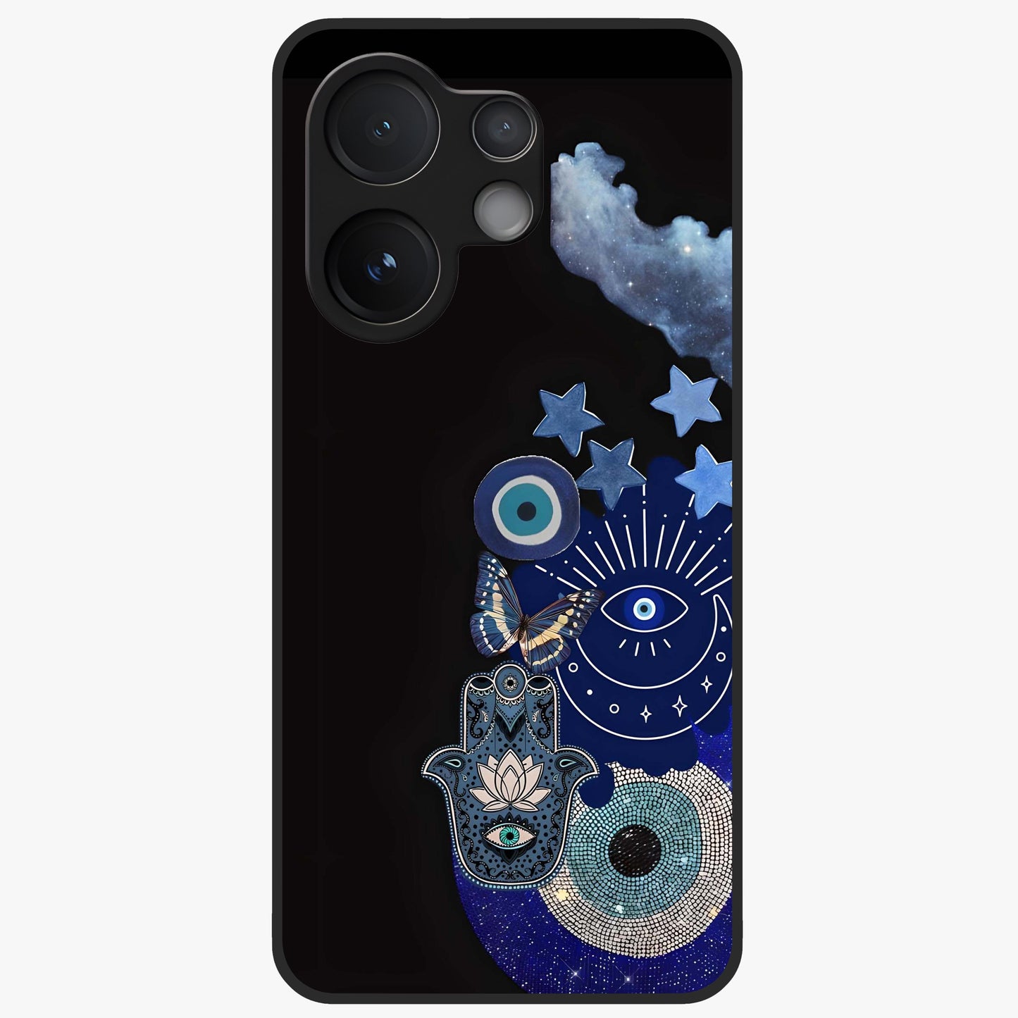 Galactic Charm Cluster Glass Case showing flat back view with glowing celestial charm artwork and glossy glass finish.