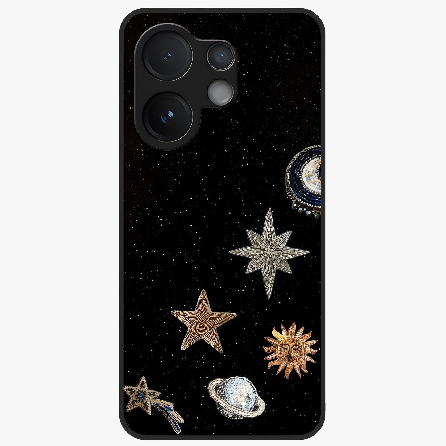 Galactic Charm Glow Glass Case showing flat back view with glowing celestial charm artwork and glossy glass finish.