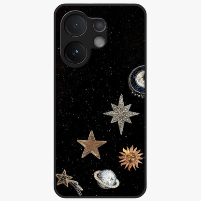 Galactic Charm Glow Glass Case showing flat back view with glowing celestial charm artwork and glossy glass finish.