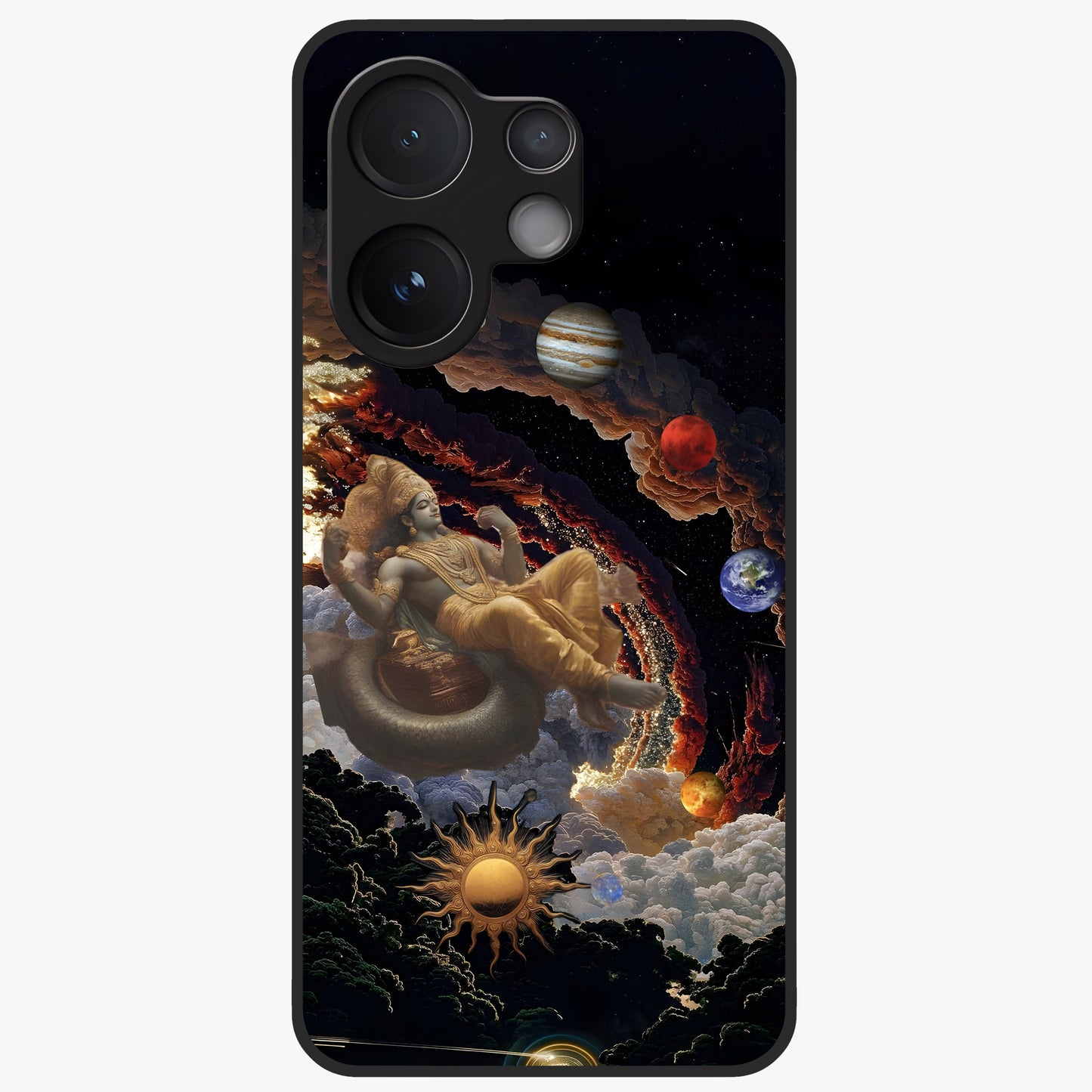 Galactic Divine God Glass Case showing flat back view with divine cosmic themed artwork and glossy glass finish.