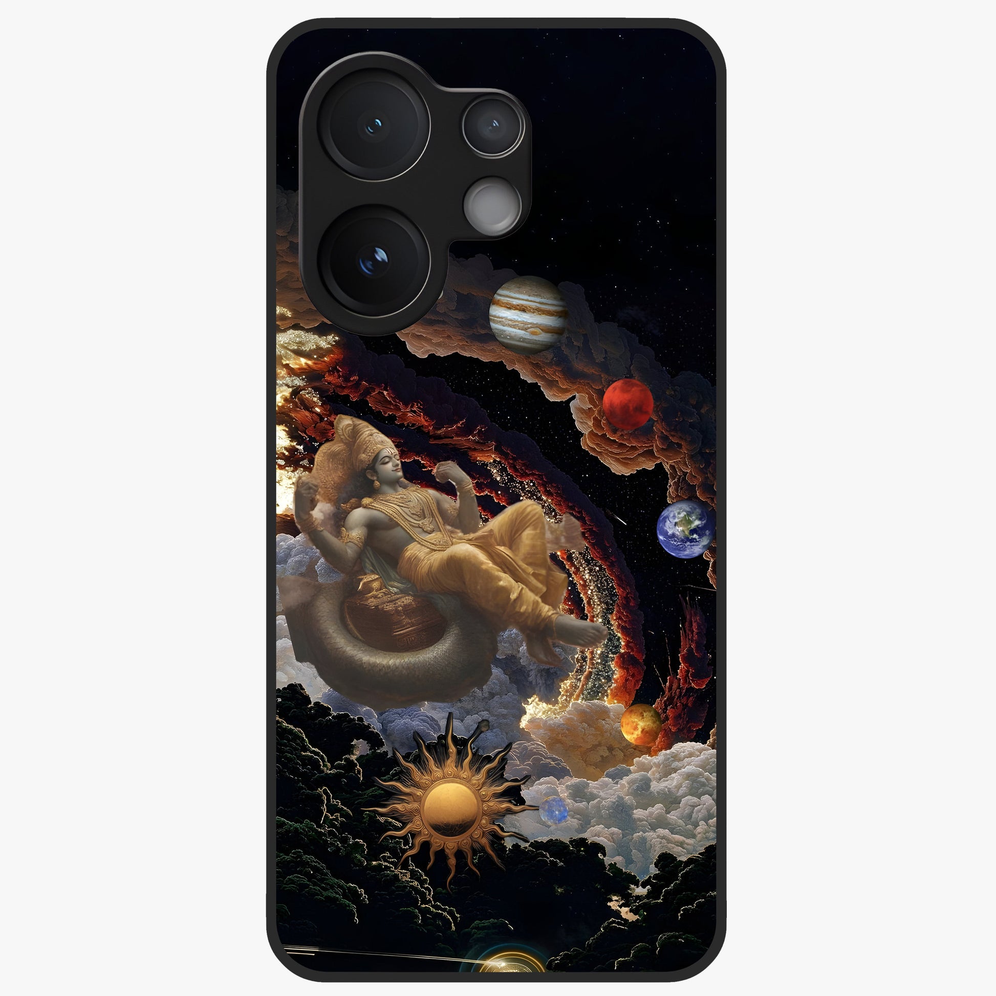 Galactic Divine God Glass Case showing flat back view with divine cosmic themed artwork and glossy glass finish.