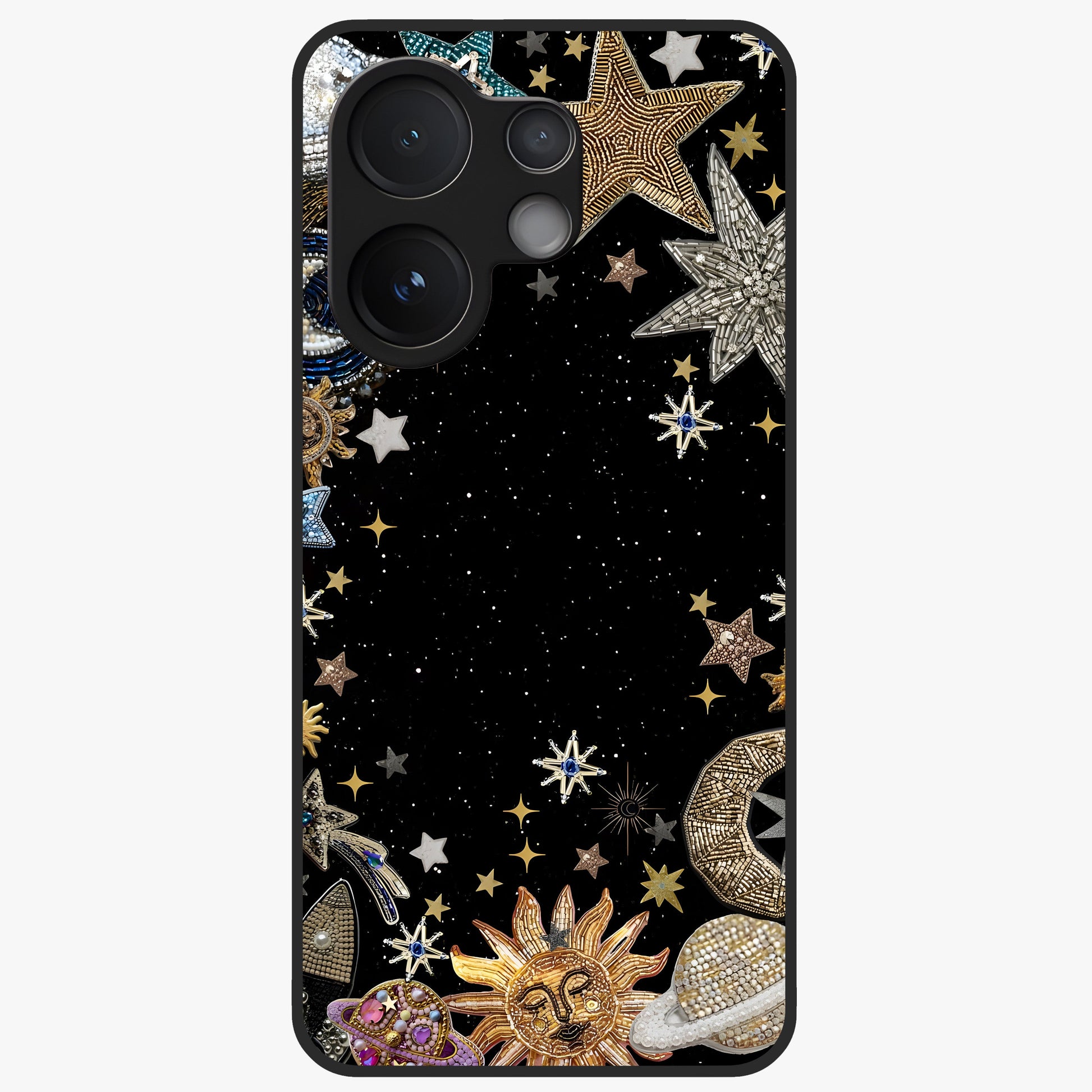 Galactic Jewel Stars Glass Case showing flat back view with sparkling star jewel artwork and glossy glass finish.