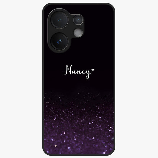 Glittery Purple Bokeh Custom Name Glass Case showing flat back view with purple bokeh sparkle artwork and personalized name design.