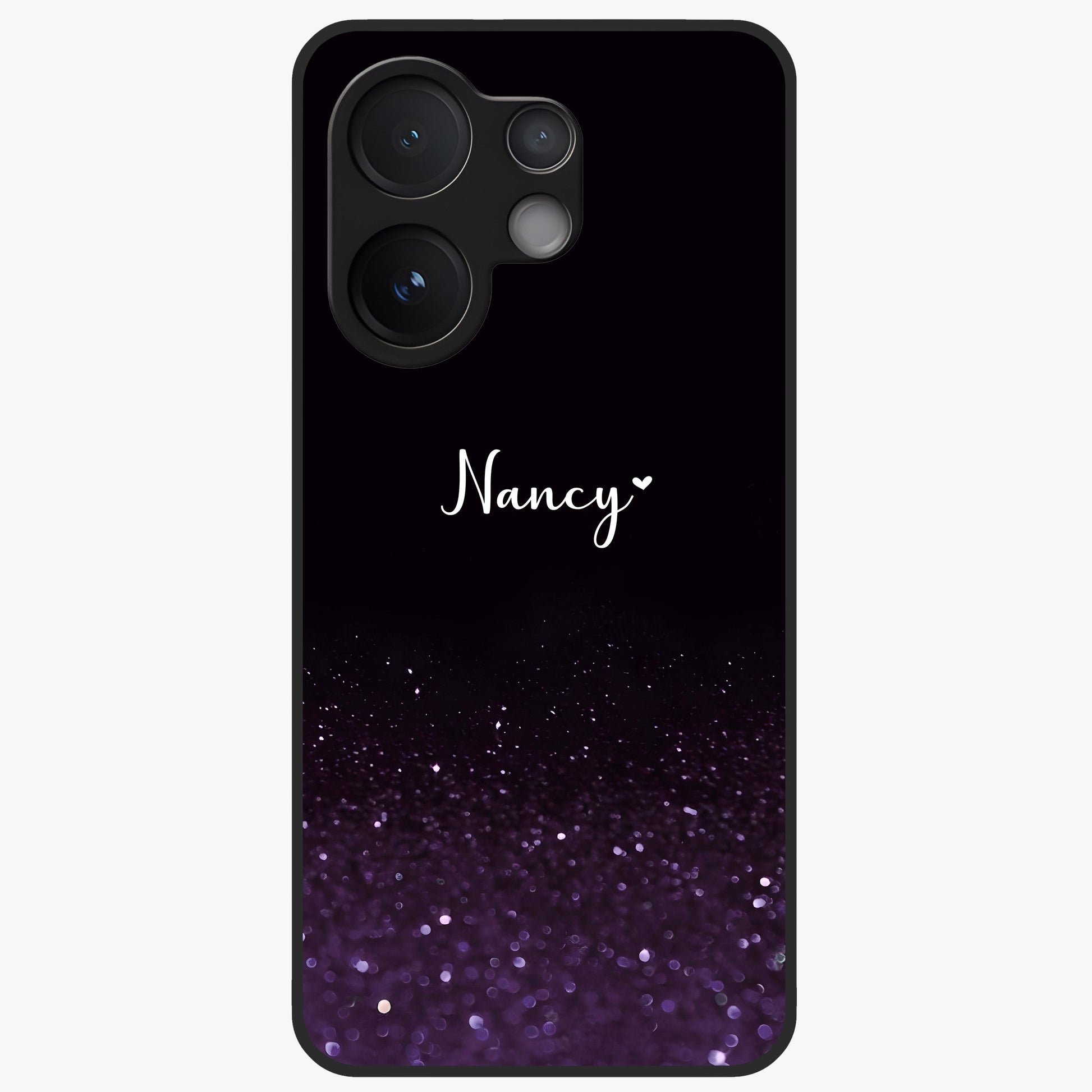 Glittery Purple Bokeh Custom Name Glass Case showing flat back view with purple bokeh sparkle artwork and personalized name design.