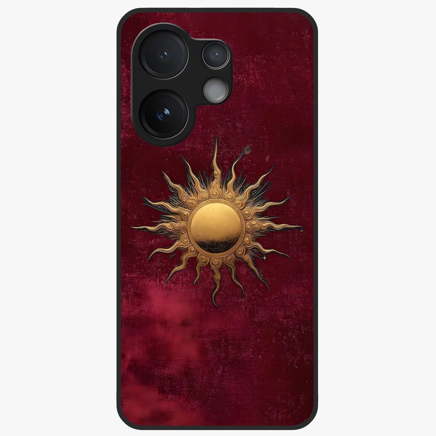 Gold Sun Blush Glass Case showing flat back view with golden sun inspired artwork and glossy glass finish.