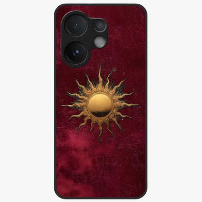 Gold Sun Blush Glass Case showing flat back view with golden sun inspired artwork and glossy glass finish.