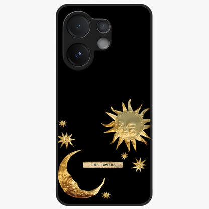 Golden Celestial Charm Glass Case showing flat back view with golden celestial charm artwork and glossy glass finish.