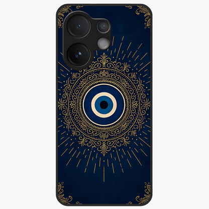 Golden Evil Eye Mandala Glass Case showing flat back view with intricate evil eye mandala artwork and glossy glass finish.