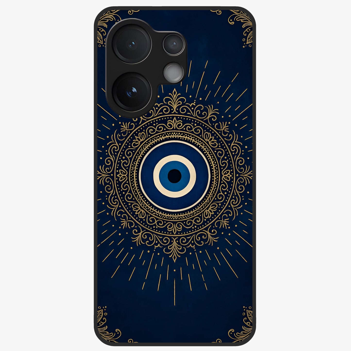 Golden Evil Eye Mandala Glass Case showing flat back view with intricate evil eye mandala artwork and glossy glass finish.