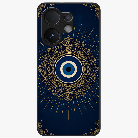 Golden Evil Eye Mandala Glass Case showing flat back view with intricate evil eye mandala artwork and glossy glass finish.