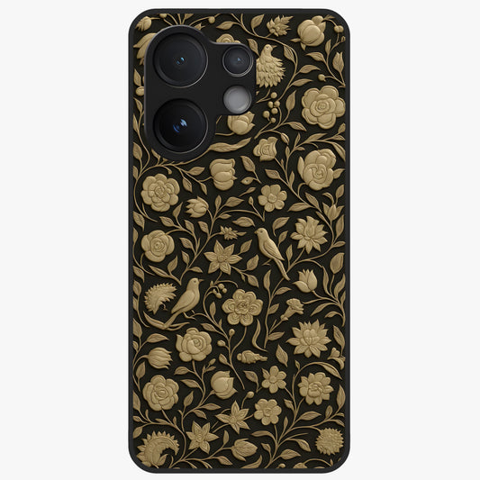 Golden Floral Majesty Glass Case showing flat back view with luxurious golden floral artwork and glossy glass finish.